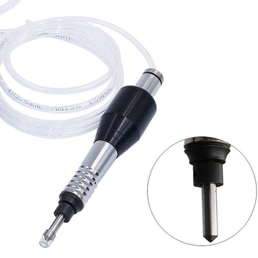 Pneumatic engraver handpiece with air supply hose and circular inset of the carbide stylus tip.