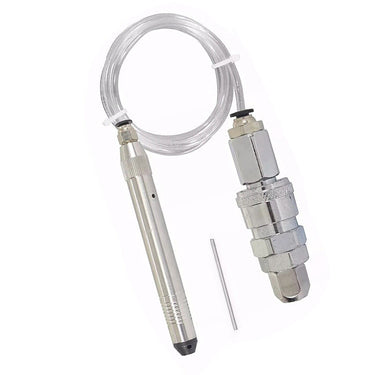 Pneumatic hammer handpiece connected via clear air tubing to quick connect coupler adapter.