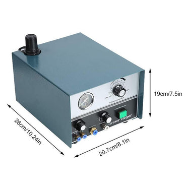 Dimension diagram of the Graver Mate pneumatic jewelry engraver control unit in centimeters and inches.