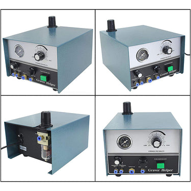 Multi-angle views of the Graver Mate pneumatic engraver machine showing front, side, and rear ports.