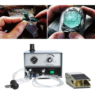 Pneumatic jewelry engraver Graver Mate machine shown with inset photos of stone setting and carving.