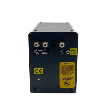 Rear view of GraverMach AT pneumatic engraver showing air input, throttle, and AC power ports.