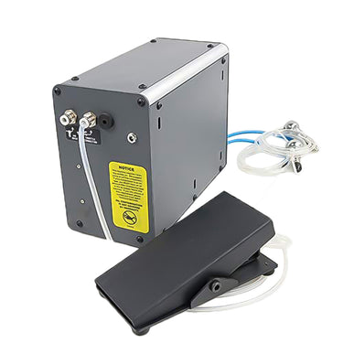 Rear perspective view of GraverMax G8 pneumatic engraver showing air ports and foot pedal connection.