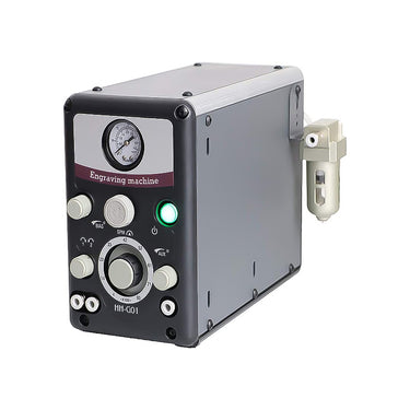 Side view of GraverMax G8 pneumatic engraver unit featuring the attached external air filter.