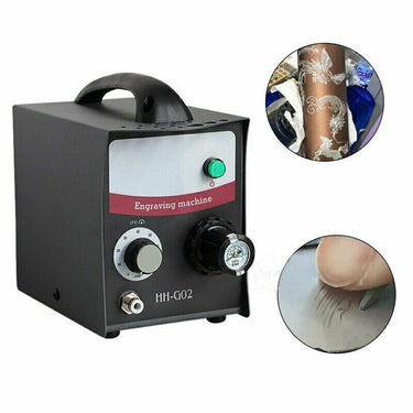 Front view of GraverSmith HH-G02 pneumatic engraver control unit with pressure gauge and speed dial.
