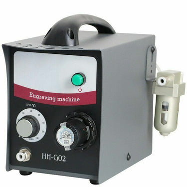 Side view of GraverSmith HH-G02 pneumatic engraver unit featuring the attached air filter regulator.