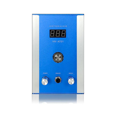 Front view of blue HH-AT01 pneumatic jewelry engraver control box with digital speed display.