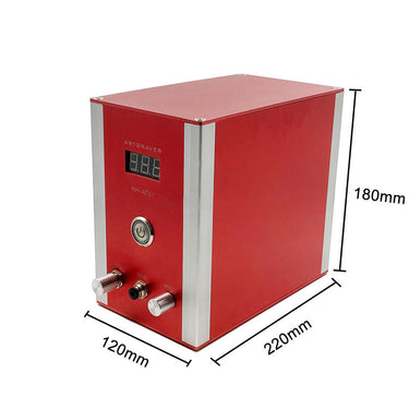 Red HH-AT01 pneumatic jewelry engraver showing machine dimensions 120mm by 220mm by 180mm.