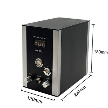 Black HH-AT02 pneumatic jewelry engraver machine showing dimensions 120mm by 220mm by 180mm.