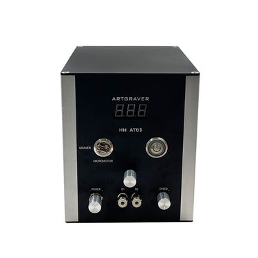 Front panel of GraverMax HH-AT03 black pneumatic engraver showing LED display, buttons, and ports.