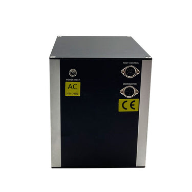 Rear panel of GraverMax HH-AT03 pneumatic engraver showing power inlet, foot control, and micromotor ports.