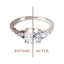 Before and after comparison of a diamond ring cleaned with a Korean Diamond Cleaning Cloth.