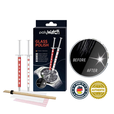 Product showcase of PolyWatch Glass Polish with a "Before and After" magnification and Made in Germany seals.