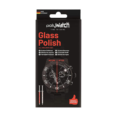 Front view of PolyWatch Glass Polish all-inclusive set box for removing scratches from watch glass.