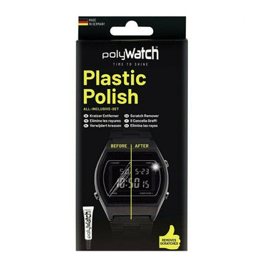 Front view of the PolyWatch Plastic Polish all-inclusive set packaging for acrylic watch crystals.