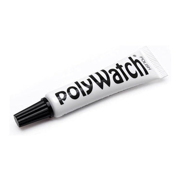 A single tube of PolyWatch Plastic Polish scratch remover on a clean white background.