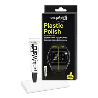 PolyWatch Plastic Polish scratch remover tube shown with the included white lint-free polishing cloth.