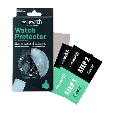 PolyWatch Watch Protector box with Step 1 Cleaner and Step 2 Sealer sachets and a microfibre cloth.