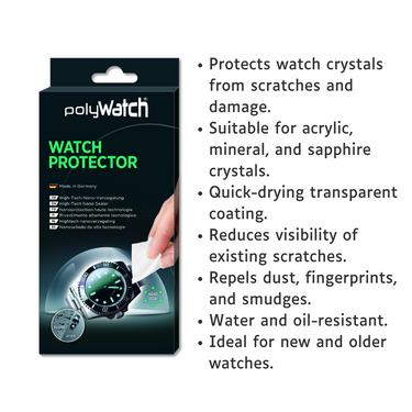 Infographic listing PolyWatch Watch Protector benefits like scratch protection and water resistance.
