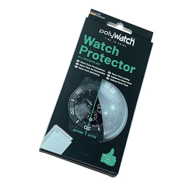 Front view of the PolyWatch Watch Protector all-inclusive set box showing before and after effects.