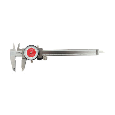 Horizontal profile view of a precision metric dial caliper gauge on a clean white background.
