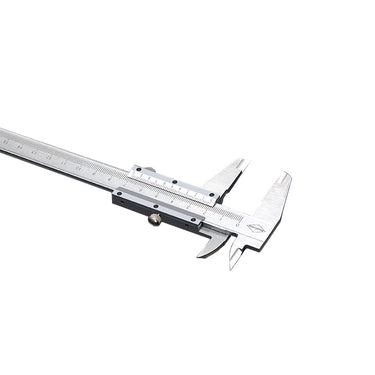 Right-angled perspective view of a mechanical vernier caliper highlighting the slider lock screw and imperial/metric jaws.