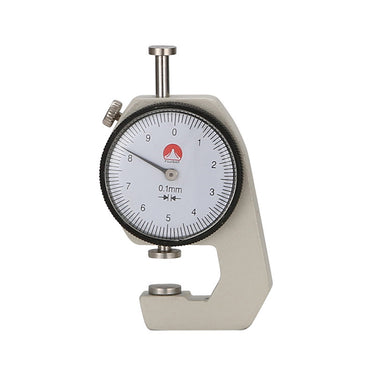Straight front view of a mechanical thickness dial indicator with a red and white logo against a white background.