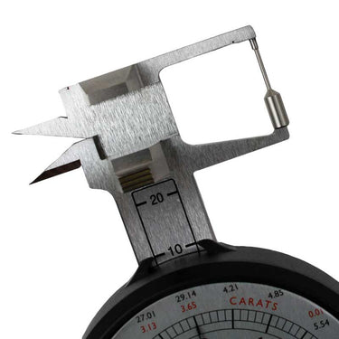 Close-up of the high-precision caliper jaws on a Presidium gemstone dial gauge.
