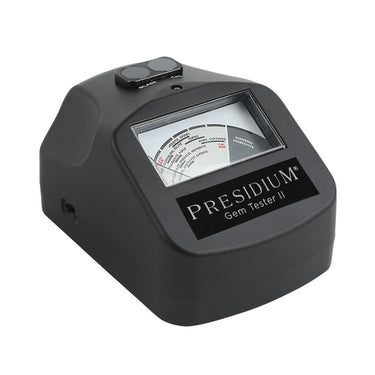 Angled perspective of Presidium Gem Tester II showing the analog display and body.