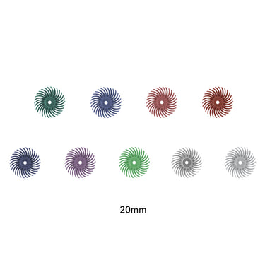 Nine multi-colored 20mm radial bristle discs for jewelry polishing arranged in two rows on a white background