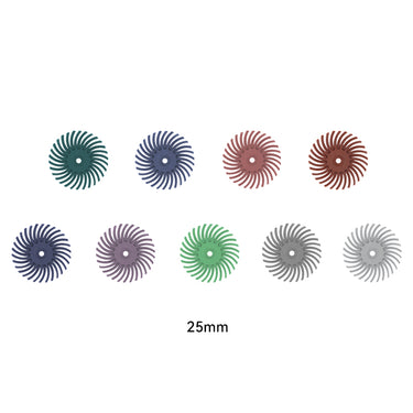 Nine multi-colored 25mm radial bristle discs for jewelry polishing arranged in two rows on a white background