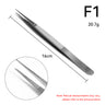 Regine Swiss F1 fine grooved diamond tweezer 16cm showing center alignment channel and 20.7g weight