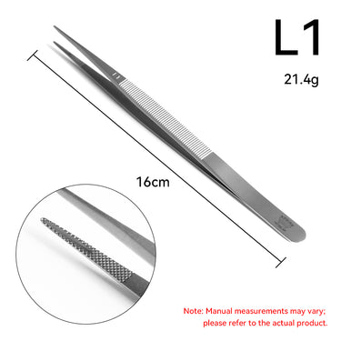 Regine Swiss L1 large grooved gemstone tweezer 16cm showing anti glare satin finish and tip groove