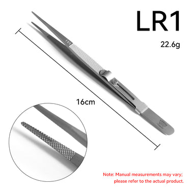 Regine Swiss LR1 large grooved locking diamond tweezer 16cm showing slide lock and serrated tip insert.
