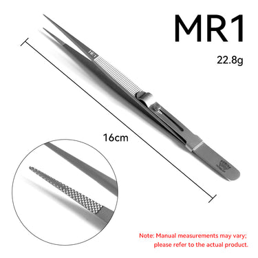 Regine Swiss MR1 medium locking diamond tweezer with center alignment groove and 22.8g weight.