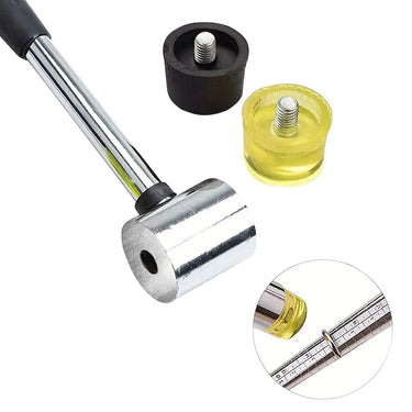 Threaded black rubber and yellow polyurethane replacement heads unscrewed from steel hammer collar