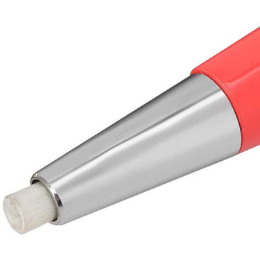 Detailed view of the coarse white fiber bristles at the end of a silver pen tip.