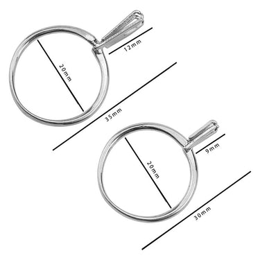 Dimension diagram of ring gem holders showing 20mm inner diameters with 12mm and 9mm claw sizes.