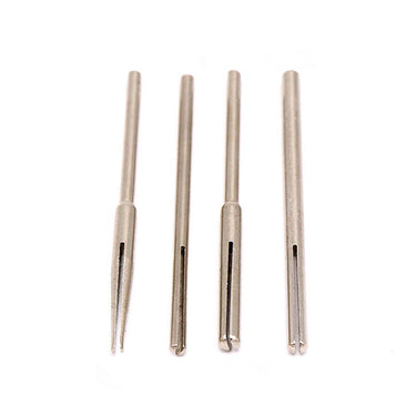 Four assorted stainless steel slotted mandrels showcasing straight and tapered tip variations.