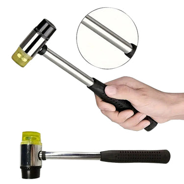 Hand holding dual-face rubber mallet highlighting ergonomic non-slip grip and steel shank.