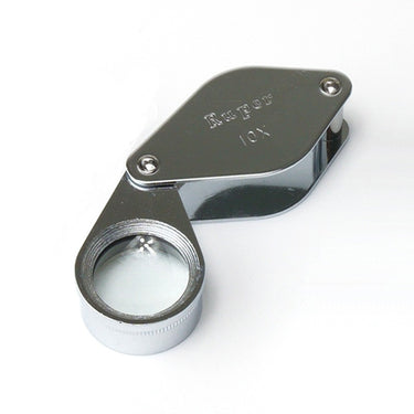 Ruper Series 10x magnifying jewelers loupe with a high-polish chrome finish and optical glass lens.