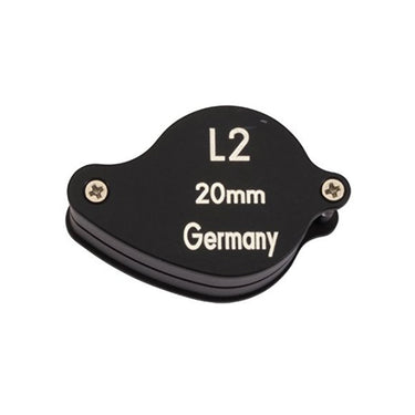Top view of the closed Harald Schneider L2 loupe case showing the "L2 20mm Germany" marking.
