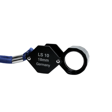 Side view of the Schneider LS 10 loupe highlighting the 18mm lens diameter and German manufacturing origin.