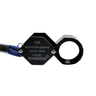 Harald Schneider 10x achromat-aplanat triplet loupe showing the iconic branding and blue neck lanyard.