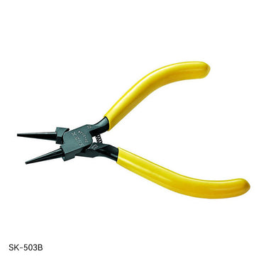 SHE.K SK-503B precision round nose pliers with tapered jaws and yellow handles for wire wrapping.
