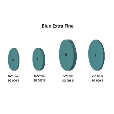 Specification chart for blue extra fine silicone polisher wheels showing 16mm and 22mm diameter size options.