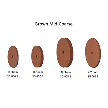 Specification chart for brown mid coarse silicone polisher wheels showing 16mm and 22mm diameter size options.