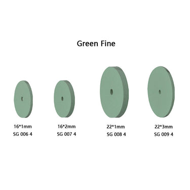 Specification chart for green fine silicone polisher wheels showing 16mm and 22mm diameter size options.
