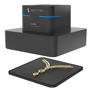 SmartPro Aura IQ screener on right with large tray showing a necklace.