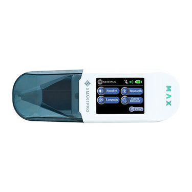 Settings menu of SmartPro MAX showing Speaker, Bluetooth, and Language options.